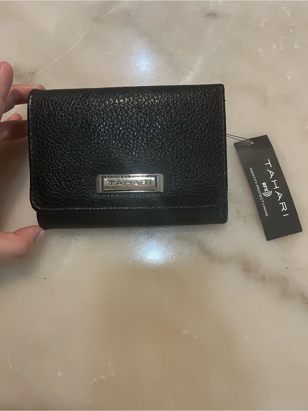 Tahari Black Pebbled Leather Compact Wallet with Silver Logo Plaque
